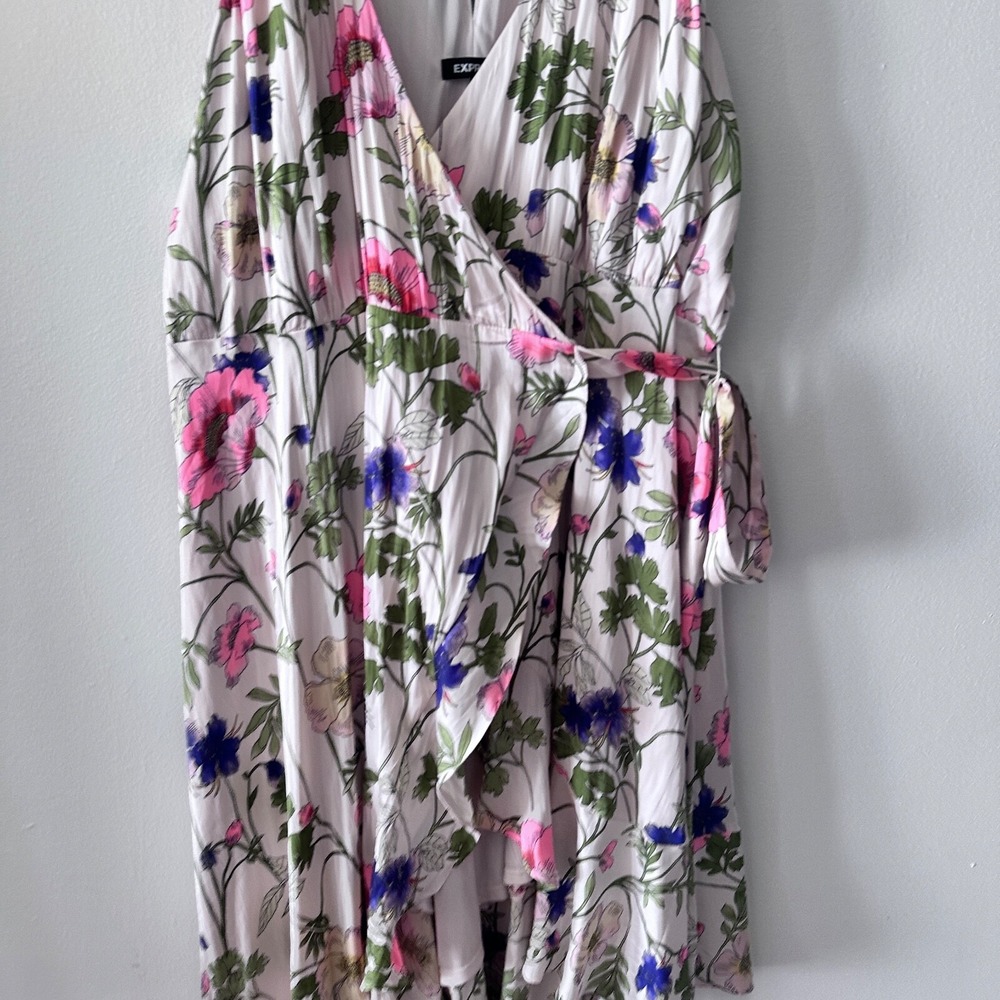 Express‎ Women's Floral Wrap Hi-Lo Midi Dress XL Strappy Ruffle Hem Summer Flowy